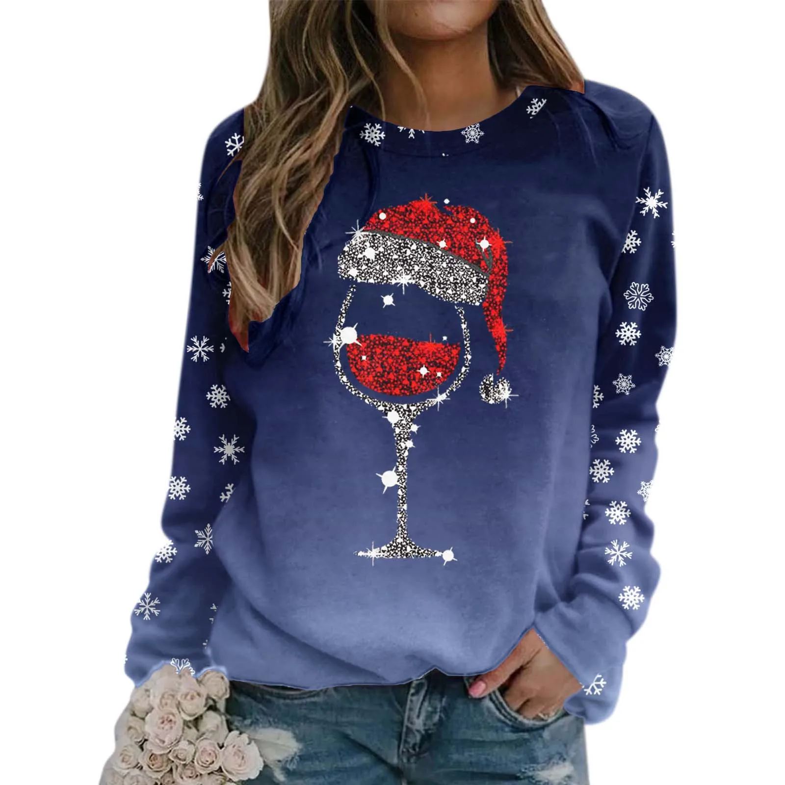 Plus Size Women\'s Clothing Casual Soft Warm Wine Glasses Print Harajuku Christmas Sweatshirts For Female Women\'s Fashion Hoodies