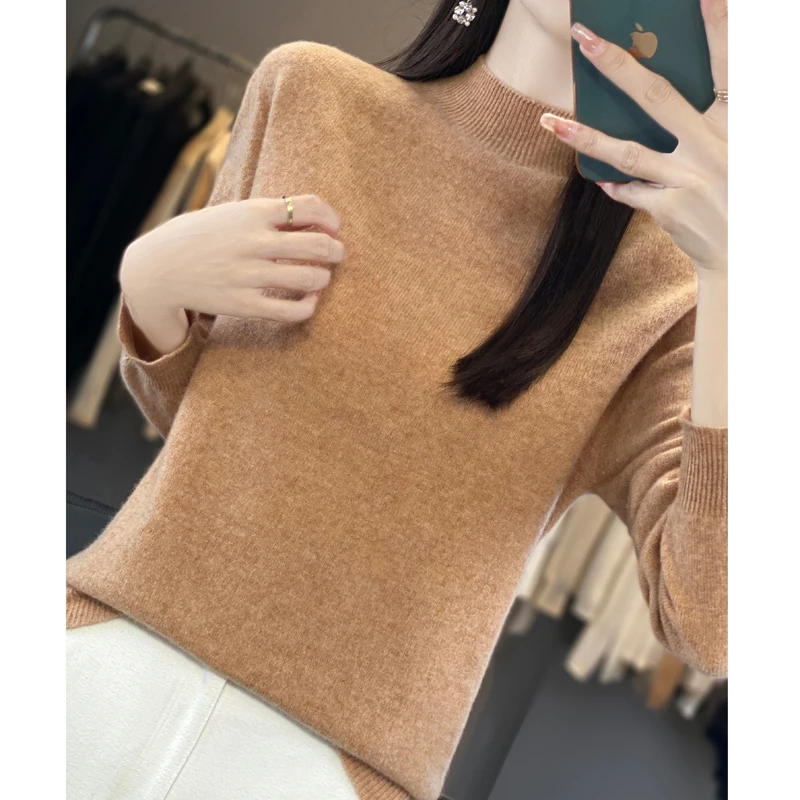 Otoño suéter de Cachemira de lana mujer invierno nuevo medio cuello alto Color sólido manga larga básico de punto Casual cálido Jersey