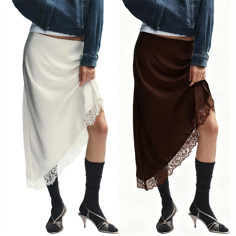 Women Lace Trim Satin High Low Skirt Asymmetrical Hem Flowy Midi Slip Skirt Y2k A Line Silky Underskirt(Silk Dark Brown,Large)