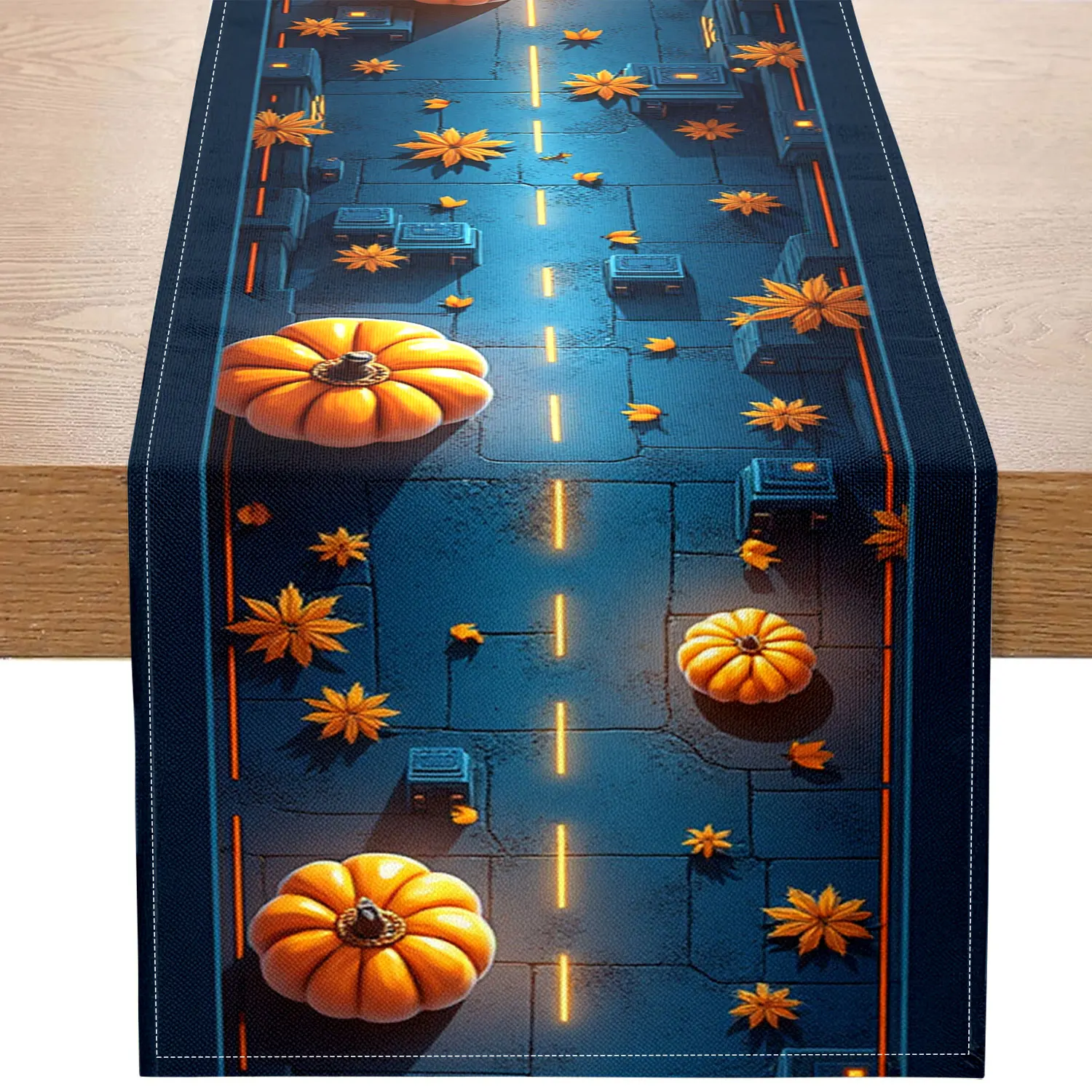 قطعة واحدة من مفرش طاولة على شكل يقطين الهالوين مع أنماط مشهد ليلي للمدينة، مناسبة لحفلات الهالوين ومشاهد الديكور المنزلي.