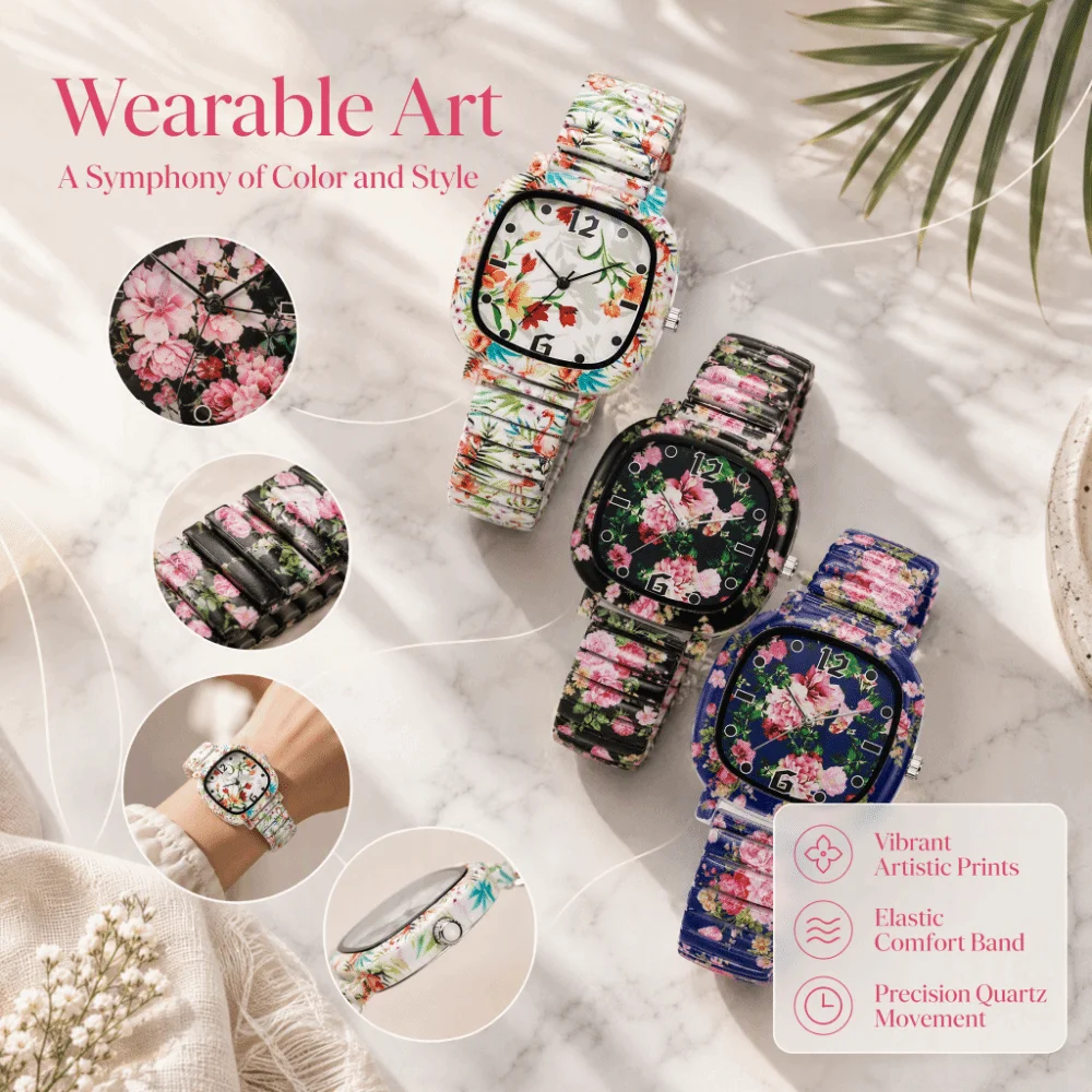 Stainless Steel Quartz Bracelet Watch Floral Printed Rainbow Gradient Square Wristwatch Elastic Colorful Stretch Strap Watch