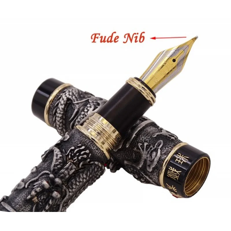

A + Jinhao винтажная перьевая ручка для каллиграфии Fude с двойным драконом, серая чернильная ручка с тиснением