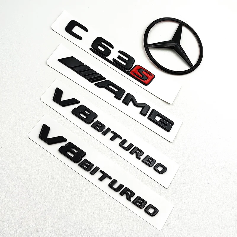 3D ABS Glossy Black Logo C63S Emblem Letters V8 BITURBO Badge Rear Star Sticker For Mercedes Benz C63S AMG C205 Accessories