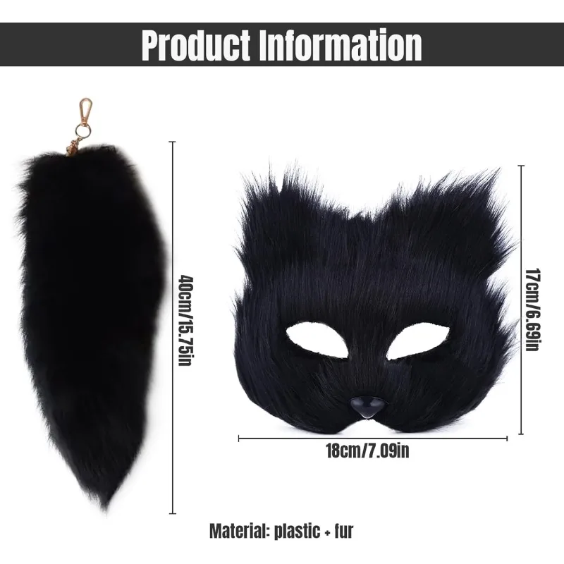Therian Furry Fox Mask with 16'' Long Tail Keychain Half Face Masquerade Mask for Cosplay Costume Party Accessory
