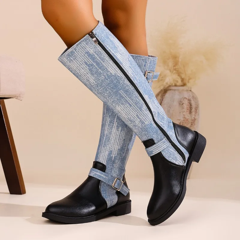 

Autumn New Round Toe Side Zip Metal Buckle Soft Sole Non-Slip High Boots Block Heel Leather Shoes