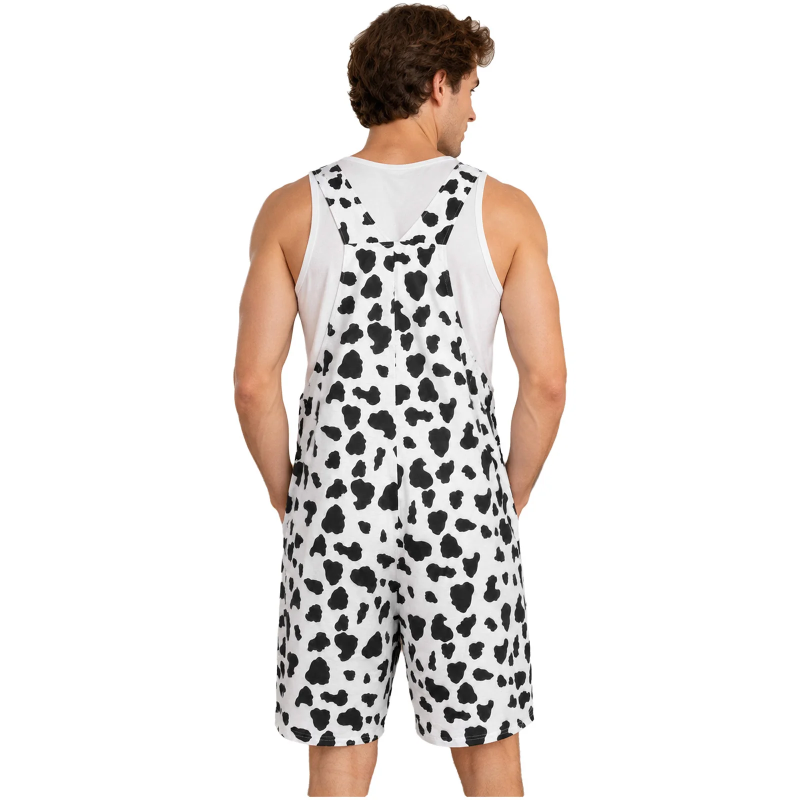 Men Cow Print Bib Overalls Adjustable Shoulder Straps Rompers Thigh Length Jumpsuit with Pockets for Casual Holiday Outings