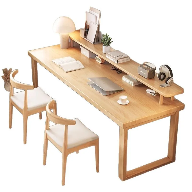 

Pure solid wood double desk, simple computer desk with bookshelf, home office, wall workbench