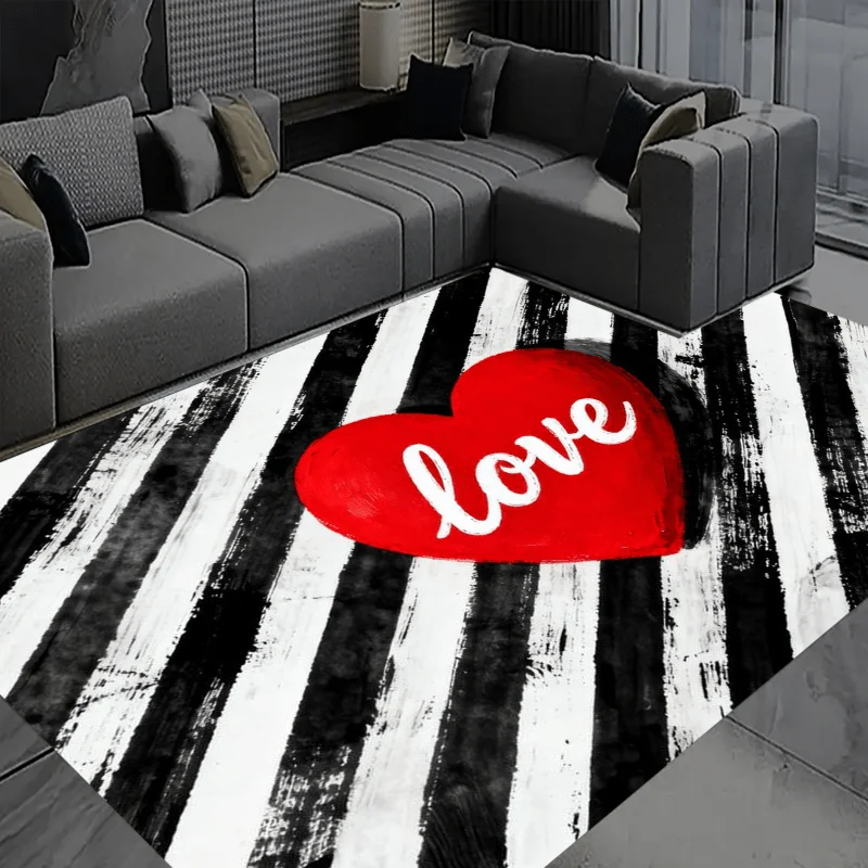 Romantic Red Heart Love Flannel Rug Black White Checkered Floor Mat Soft Non-slip Area Carpet for Living Room Bedroom Home