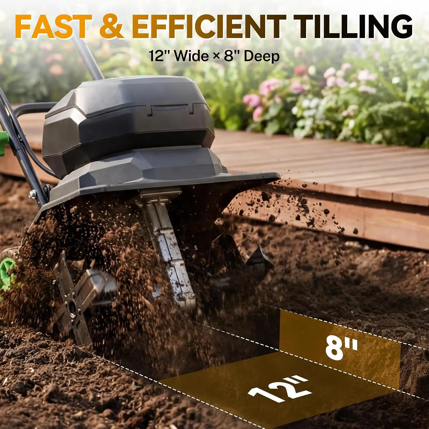 40V Cordless Garden Tiller with 12-Inch Tilling Width and 8-Inch Tilling Depth