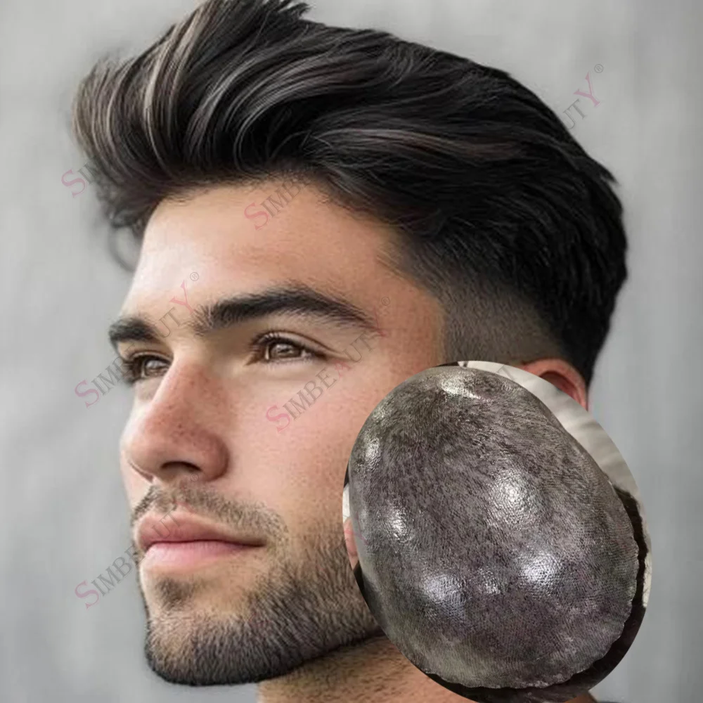 الرجال شعري طبيعي 1B80 1B50 رمادي أسود 100% باروكة من شعر طبيعي دائم رقيقة بولي الجلد قاعدة بني داكن الشعر المستعار أرخص الاصطناعية