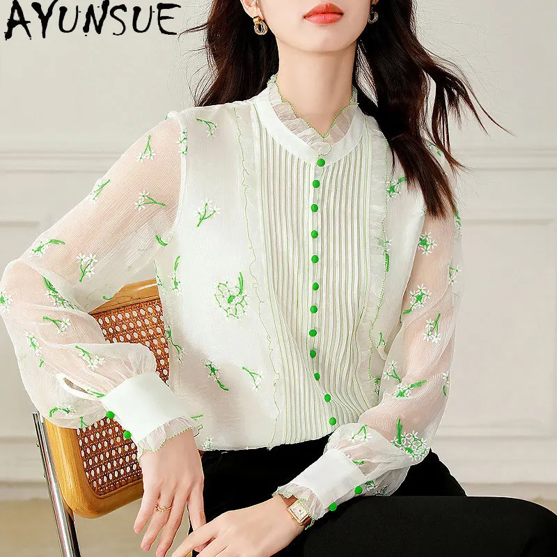 

AYUNSUE 100% натуральная шелковая рубашка из тутового шелкопряда, летняя одежда 2026, элегантные женские рубашки, топ с длинным рукавом, женская блузка с принтом