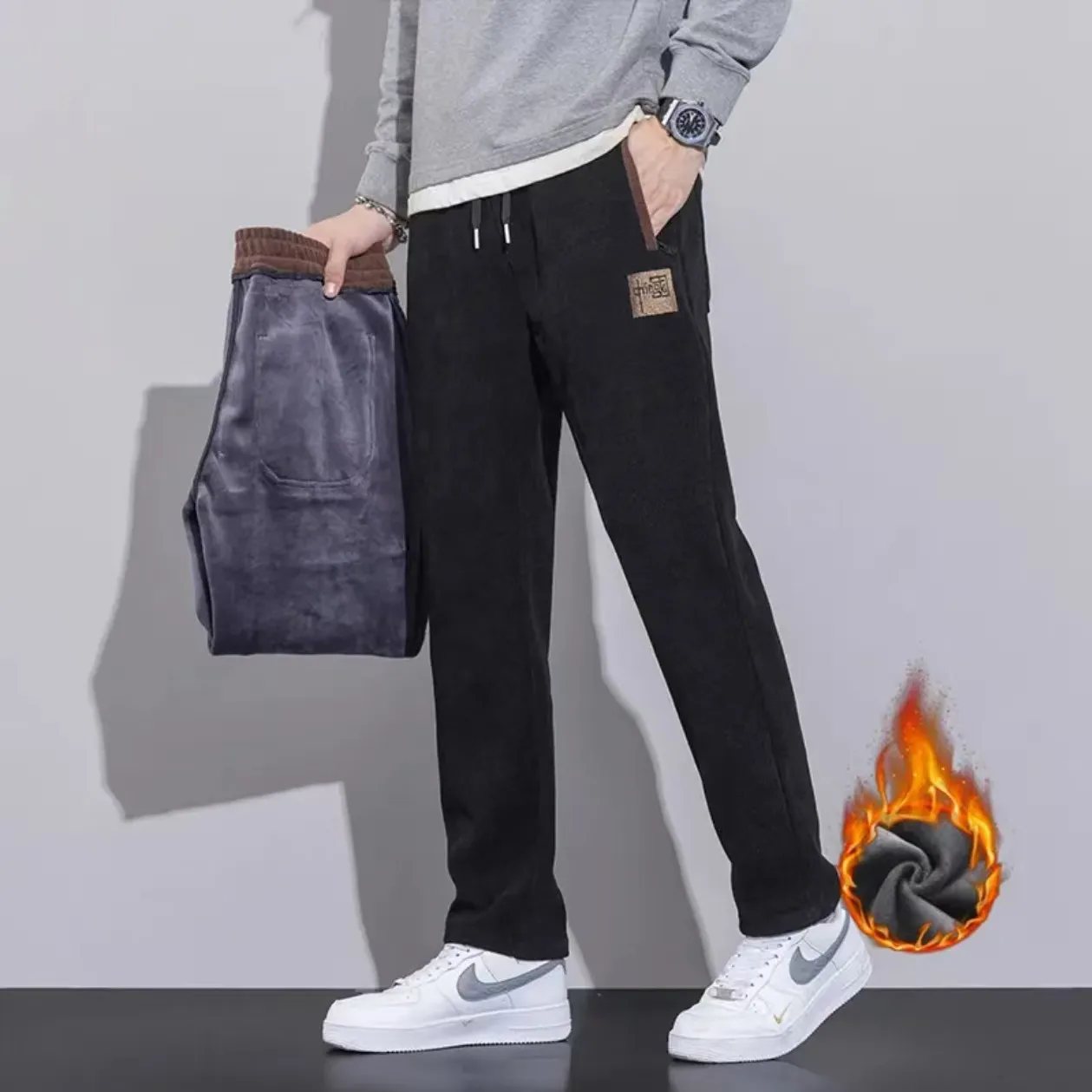 

Мужские зимние повседневные брюки на флисовой подкладке, прямые, эластичные, универсальные, модные, больших размеров, из полиэфирного волокна, деловые, элегантные...