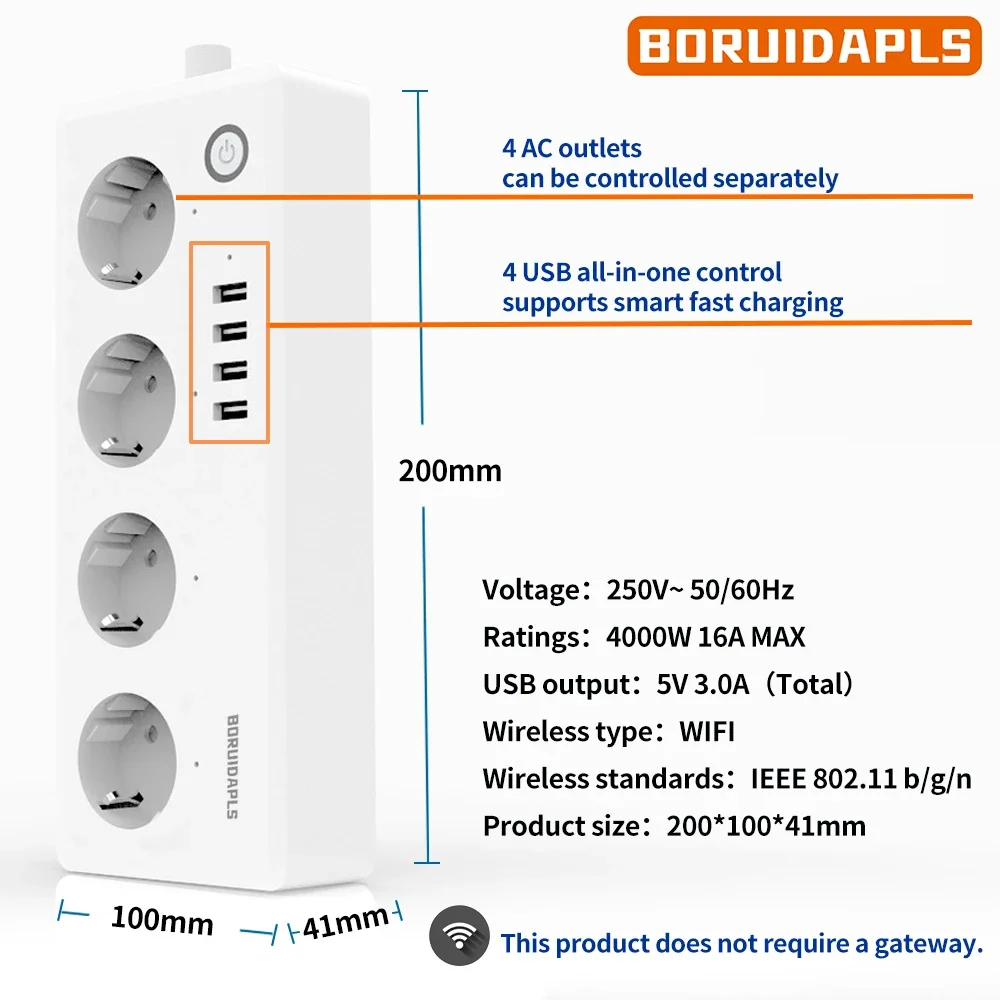 BORUIDAPLS WiFi Smart Power Strip Support Tuya Alexa Remote Voice Control Smart Socket Kitchen Accessory Energy Saving Metering