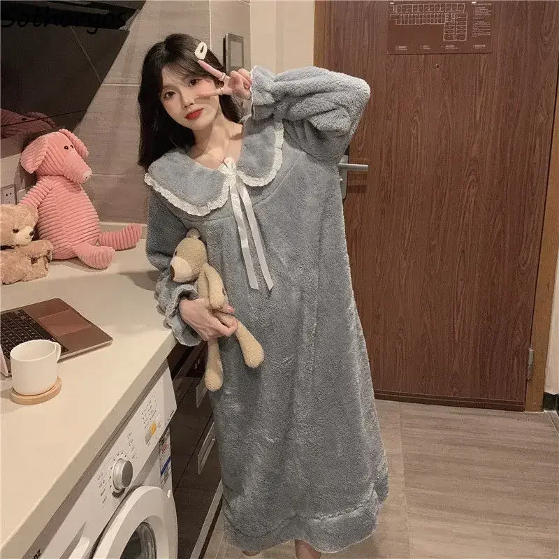 

Sweet Princess Nightgowns Women Loose Flannel Soft Winter Warm Home Lounge Wear Girls Nightdress New Lovely Korean Lace Homewear