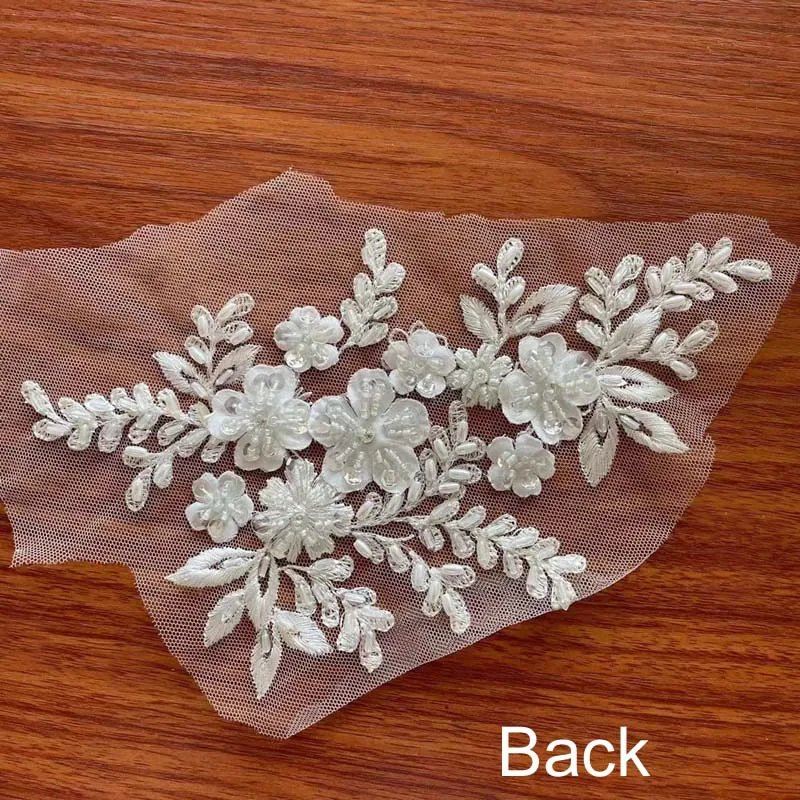 1Pair=2PCS/21*22CM  3D Beaded Flower Gown Appliques Sewing Patch,Lace Sequin Embroidery Applique Sew On Patches For Dresses