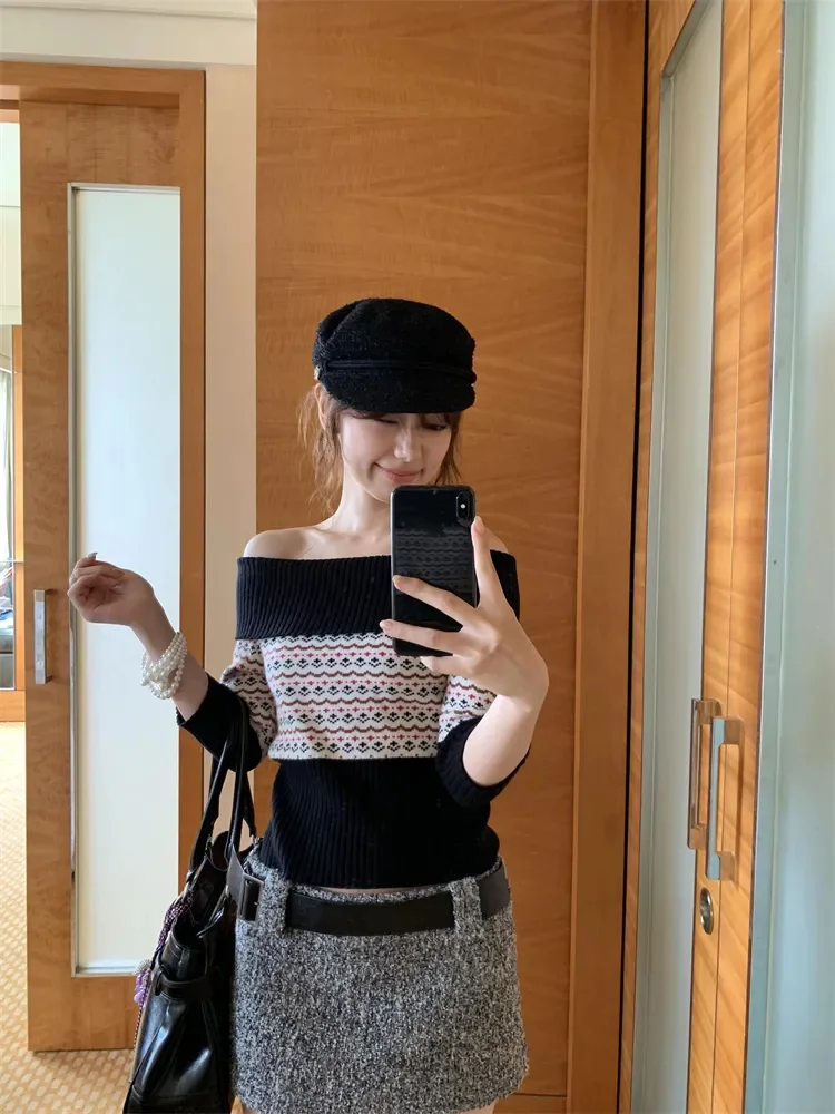 بلوفرات نسائية مخططة بألوان متباينة سترة نسائية مخططة بقصة ضيقة ورقبة مائلة محبوكة سترة علوية Sueter Mujer