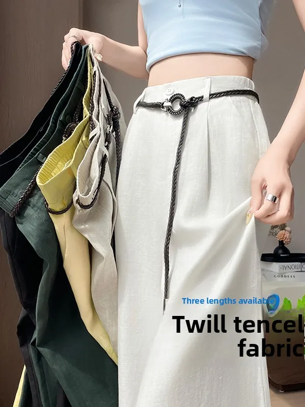 

High Waist Wide Leg Pants Women's Summer Casual Ice Silk Linen Straight Cut Floor Length Pants Comfortable Loose Fit