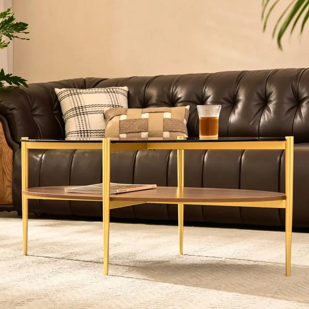 طاولة قهوة زجاجية بيضاوية الشكل من منتصف القرن بأرجل ذهبية وسطح كهرماني على رف الجوز #4