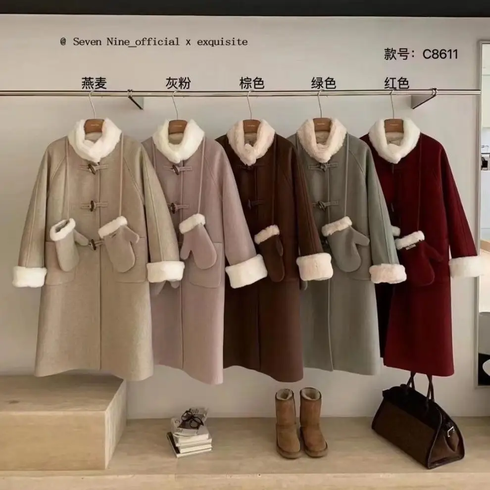 

Шерстяное пальто в Корейском стиле с мехом 2024, Женское зимнее бархатное утепленное Новое свободное шерстяное пальто средней и длинной длины