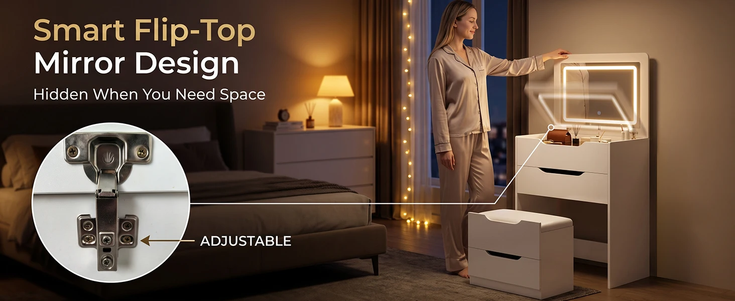 3 in 1 Hidden Vanity Desk with Flip Top LED Mirror, 3 Color Lighting, Compact Vanity with 3 Drawers, Glass Top & Hidden Storage Chair, Modern Small Dressing Table Nightstand for Bedroom, White