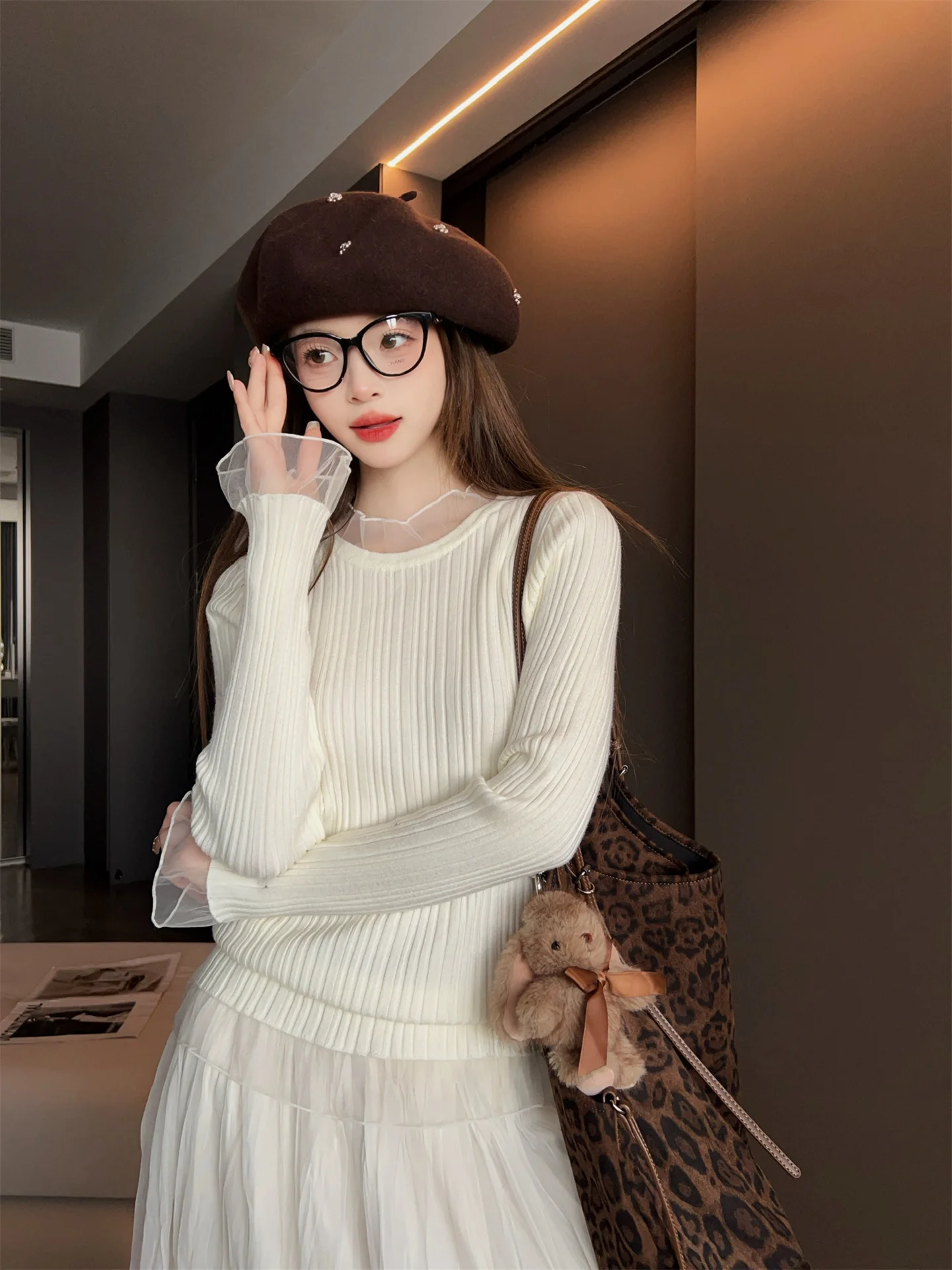 

Faionable Knitted Sweater Fake Two-Piece Women's Slim Fit Base Layer Versatile Long Sve round Ne Casual Sle Autumn W...