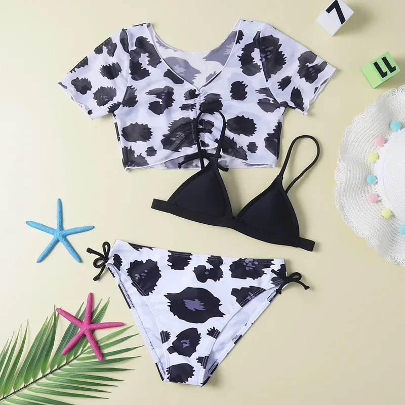 Girls 3pack Cow Print Bikini Sets with Short Sleeve Top Swimsuit Kids 7-12 Years Children's Swimwear 2025 Beachwear Bathing Suit