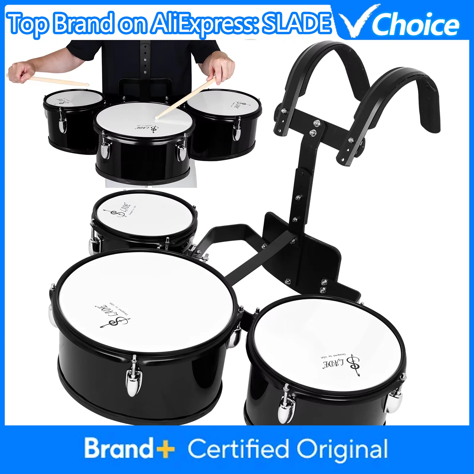 Juego de Tambores de Marcha SLADE, Tambores Trípticos, Tambor Polifónico de Banda, Soporte Trasero para Tambor Triple, Instrumentos de Percusión Profesionales Negros