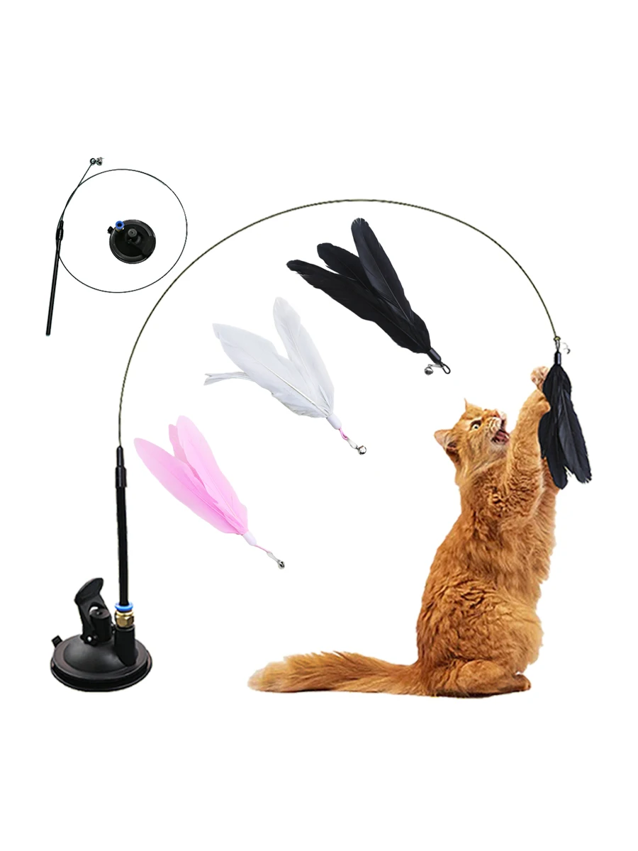 Jouet interactif pour chat, bâton mains libres pour chaton, baguette Teaser, jouet à ventouse, plume, fournitures pour animaux de compagnie, Simulation de plume