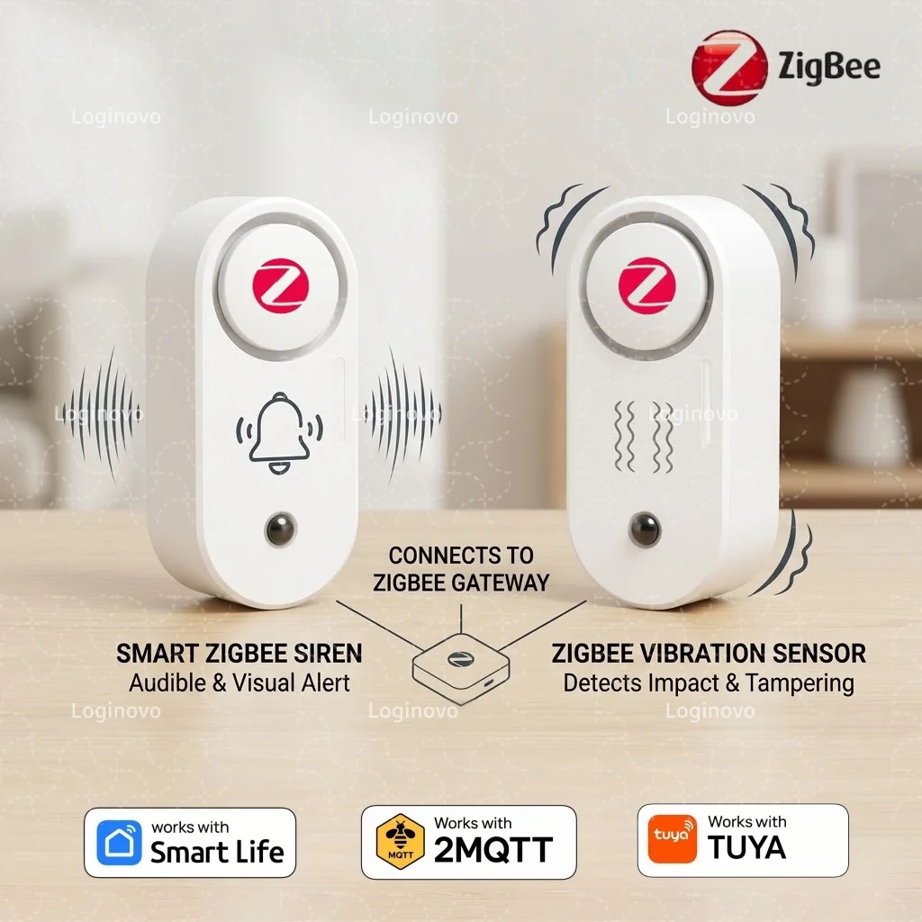 

Сирена-сигнализация Zigbee с опциональным датчиком вибрации, звуковым и световым оповещением, для умного дома, совместима с Tuya Smart Life и Zigbee2MQTT