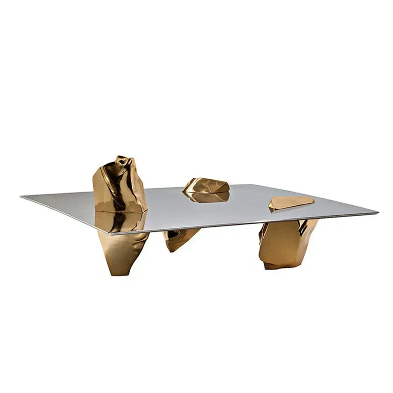 Yjq Light Luxury Square Glass Coffee Table Model Room Villa Tea Table Creative Stainless Steel Living Room