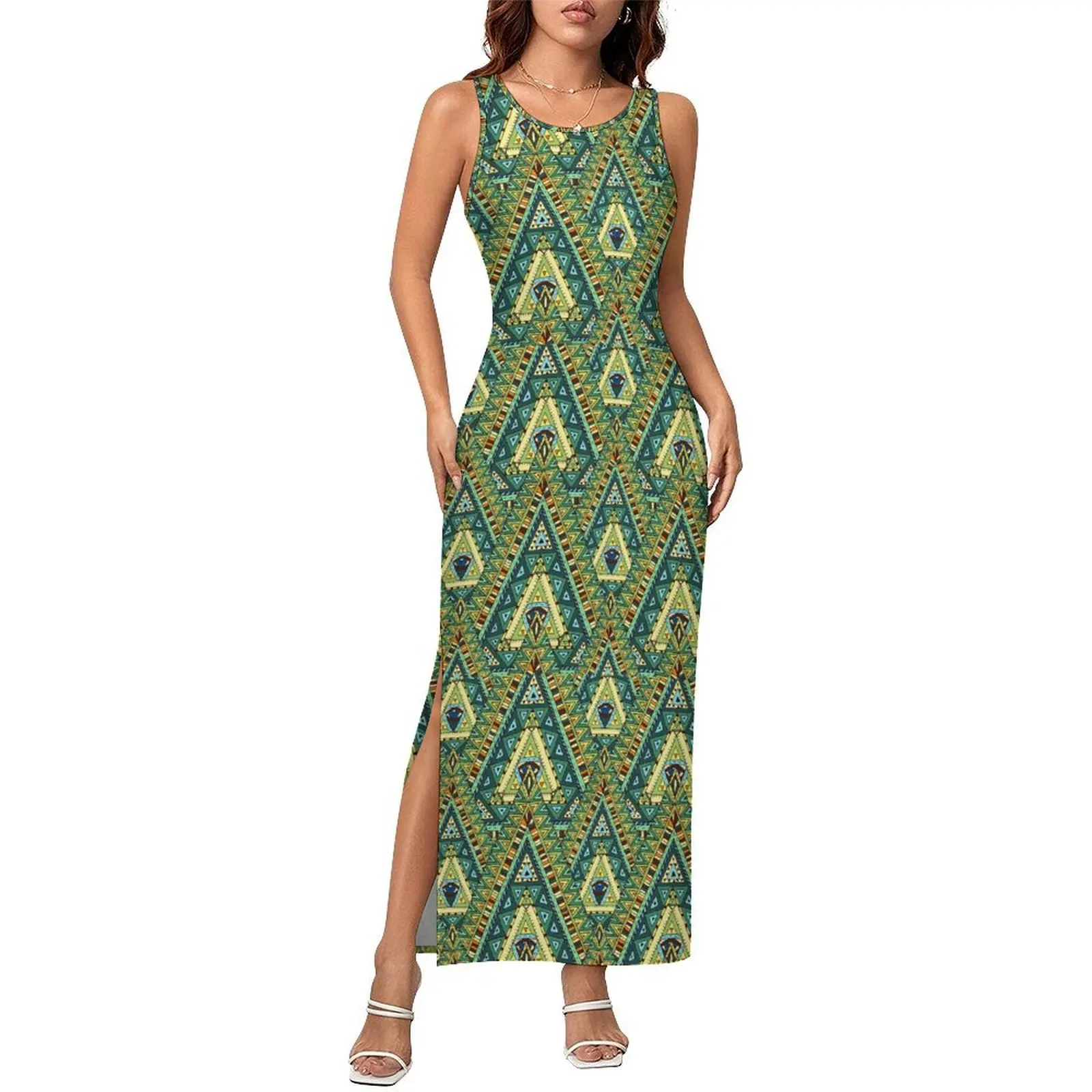 Boho Ethnic Bodycon Dress Holiday Green And Yellow Pretty Maxi Dresses Women Sleeveless Custom DIY Street Fashion Dress Big Size