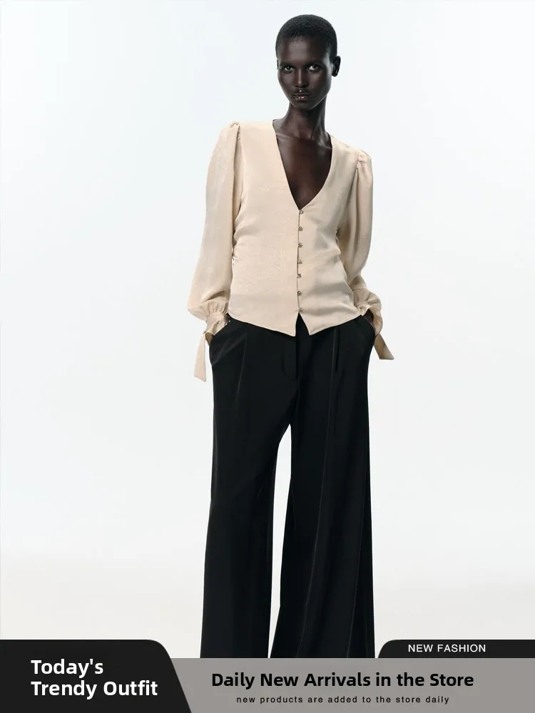 

Faionable Slim Fit irt Women's Casual V-ne Pleated Effect New Arrival Autumn Simple Sle Long Sve irt for Ladies