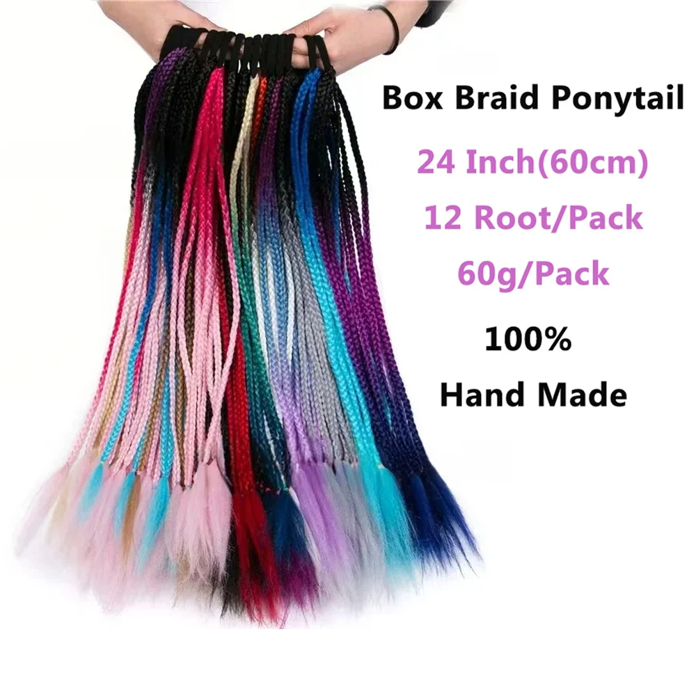 Rabo de cavalo sintético de 24 polegadas, cor gradiente, trança suja, com faixa de borracha elástica, extensão de cabelo, caixa de arco-íris, rabo de cavalo trançado para meninas
