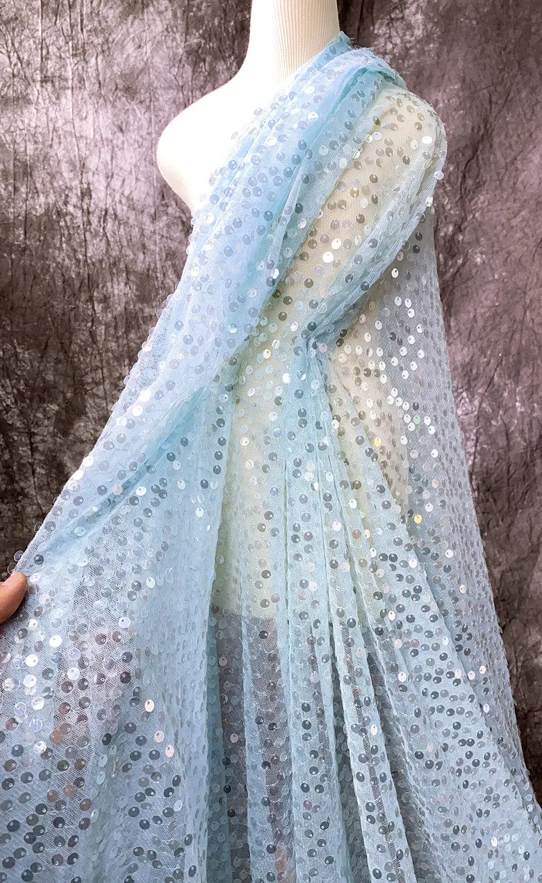 Clear  Light Blue Sequin Fabric Shiny Glitter Material for Sewing Fashion Dresses Wedding Gowns  Designer Apparel