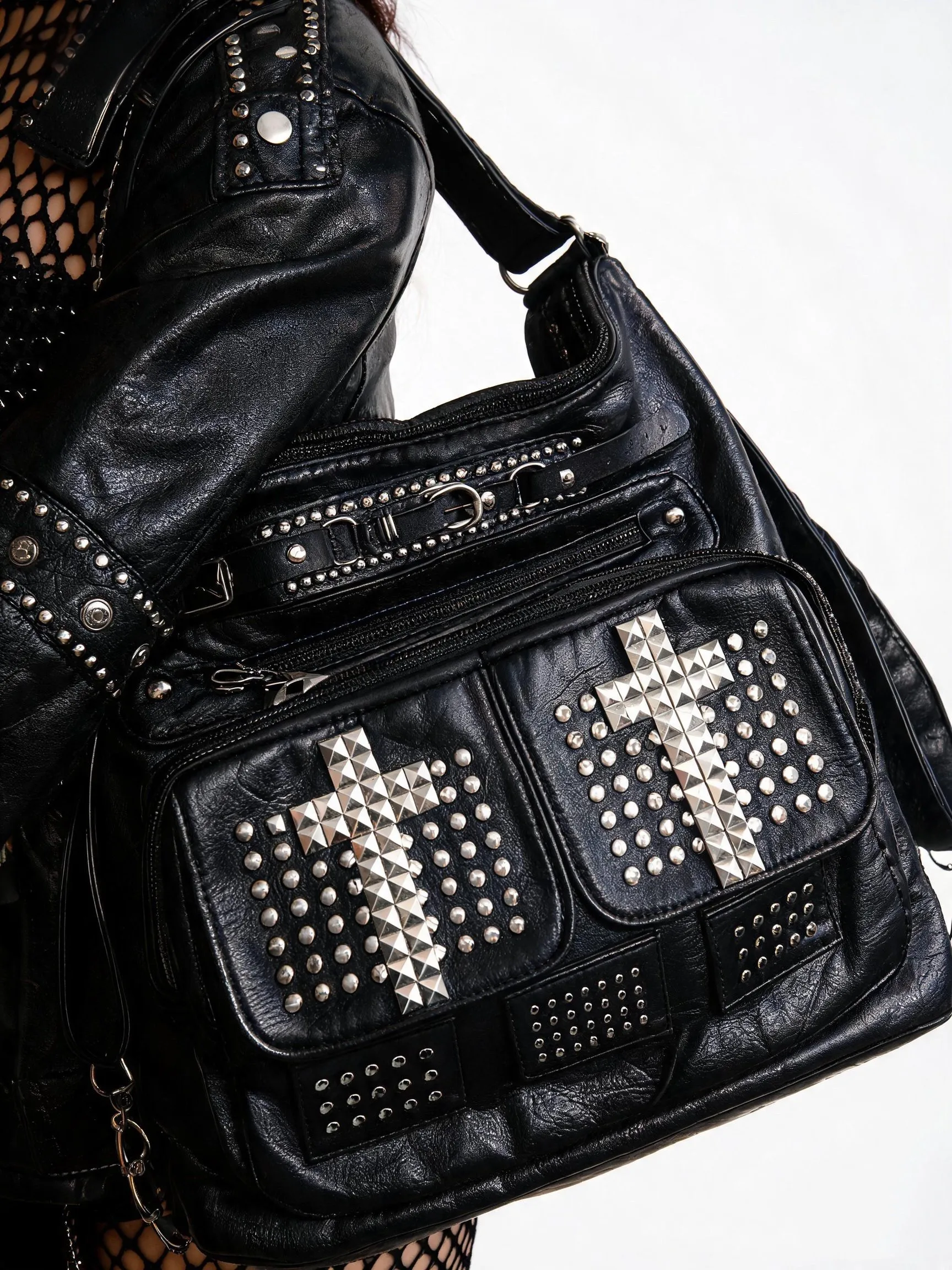 Cross Unique Subculture Black Shoulder Handbag Original Design Rivet Punk Bags for Women's Shoulder Bag