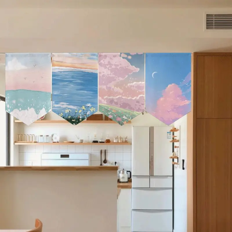 VIKAMA Pastel Sky Ocean Triangular Curtain Pink Blue Cloud Sea Flower Moon Dreamy Aesthetic Kitchen Window Valance Decor Soft