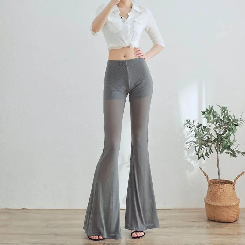 

Flare Pants for Women Solid Shiny Thread 2026 Summer Harajuku High-stretch Thin See-through Sexy Body-hugging Fashion Trousers
