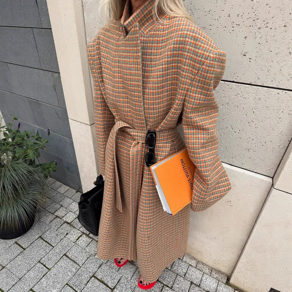 

Korean Fashion Plaid Lace-up Wool Coat Women Clothing Autumn Winter High end Stand Collar Loose Casual Long Coats for Women