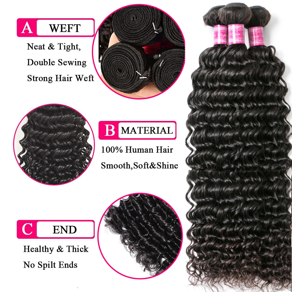 Beaufox-Deep Wave Hair Bundles, Cabelo Humano da Malásia, Cabelo Encaracolado Profundo, Remy Hair Weave Extensions, 10A, 32 em, 1 Pacotes, 3 Pacotes, 4 Pacotes