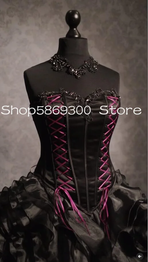 Vintage Black Gothic Steampunk Wedding Dresses Sweetheart Ruched Pleated Lace-up Corset Victorian Bridal Gowns Costume Vampire