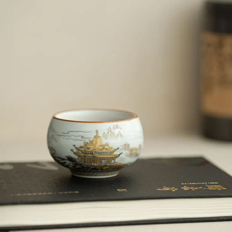 Ru Kiln Golden Landscape Arhat Master Tea Cup Heat Resistant Single Kung Fu Tasting Cup Home Office Gift