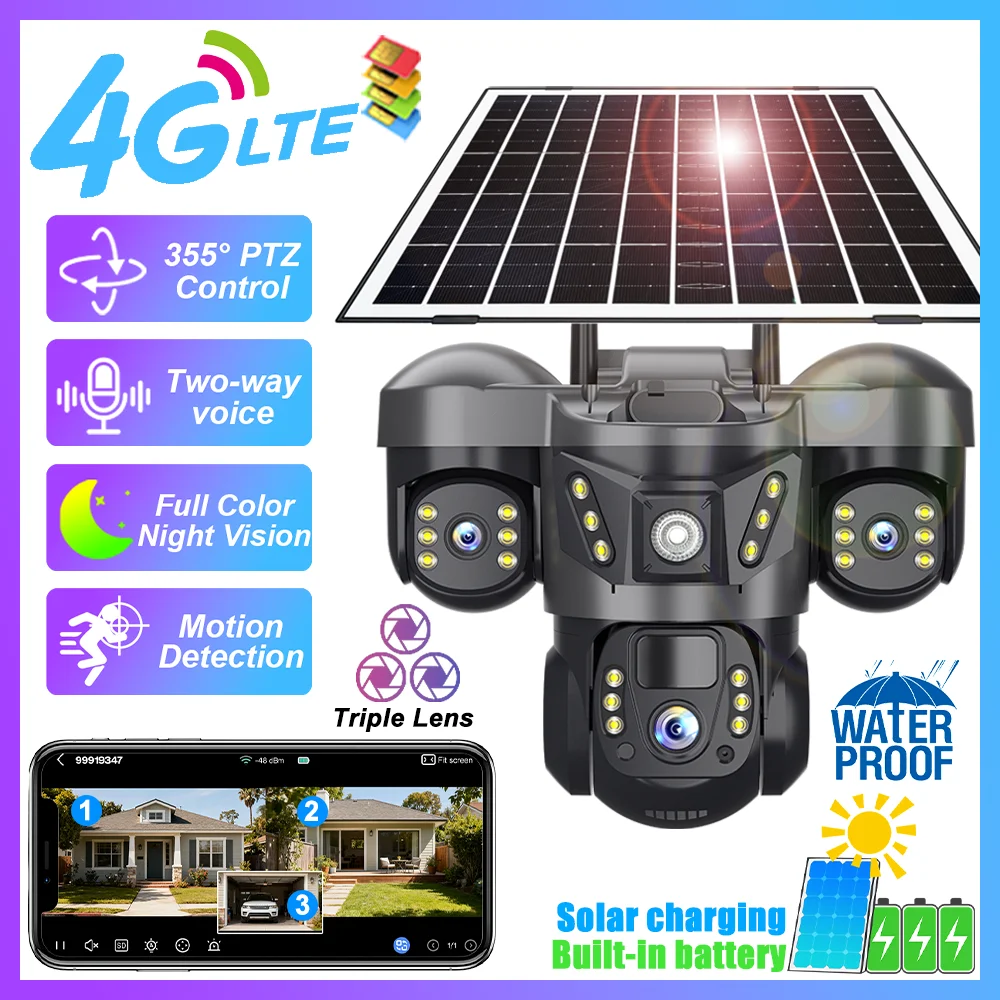 

4G Solar Surveillance Camera Triple Lens 3 Screens Outdoor Security Protection Wireless PTZ Cam AI Human Tracking Full Color