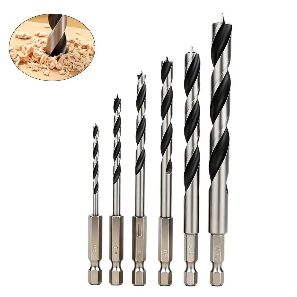 3-10mm Woodworking Drill Bit Hex Shank Three-Pointed Twist Drill Bit High Hardness Spiral Flute Hole Drilling Tool