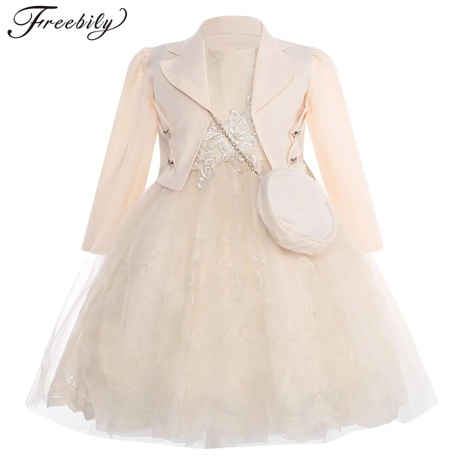 

Toddler Flower Girls Floral Embroidered Sleeveless Tulle Princess Dress Cardigan with Bag for Pageant Wedding Birthday Party