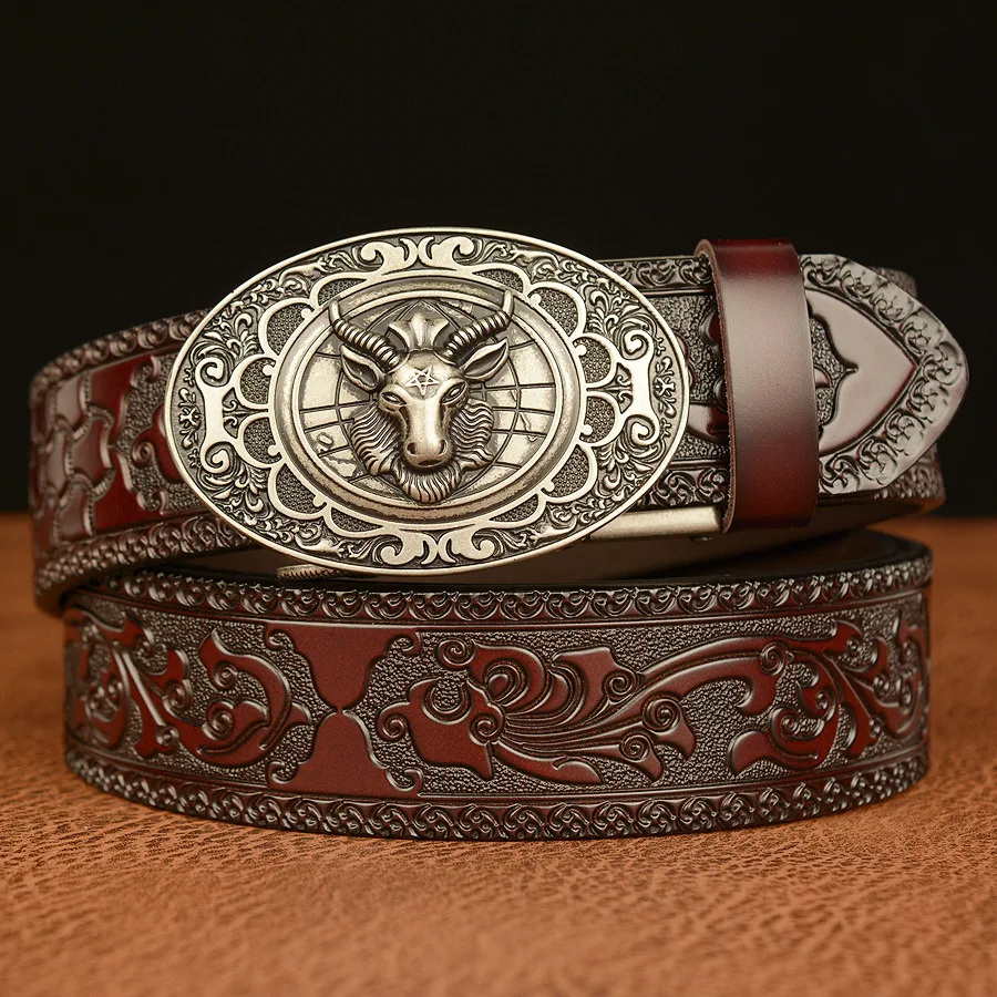 Cinturón de cuero genuino de alta calidad para hombres, cabeza de oveja Retro, hebilla automática, moda clásica, tallado personalizado, cinturón
