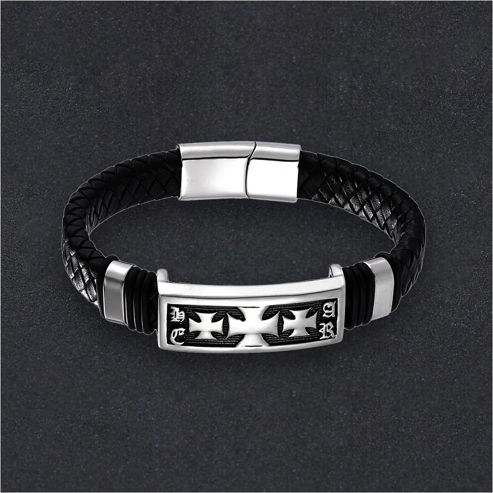 

Men's Braided Stainless Steel Bracelet Vintage Cross Charm Stylish Punk Wristband Goth Jewelry for Dating Club