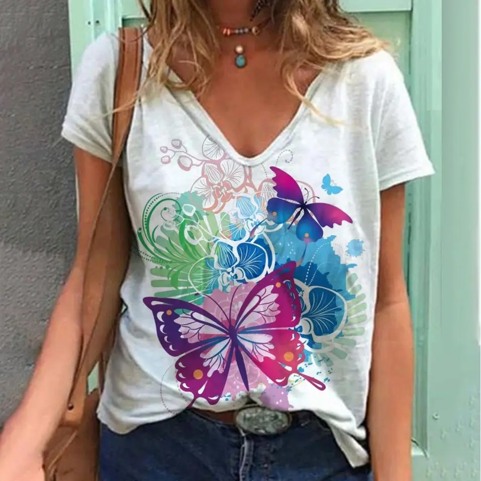 Tie dye printing T-Shirt For Women Casual Style Short Sleeve Tees Summer V Neck Fashion Pullover Female Loose Tops