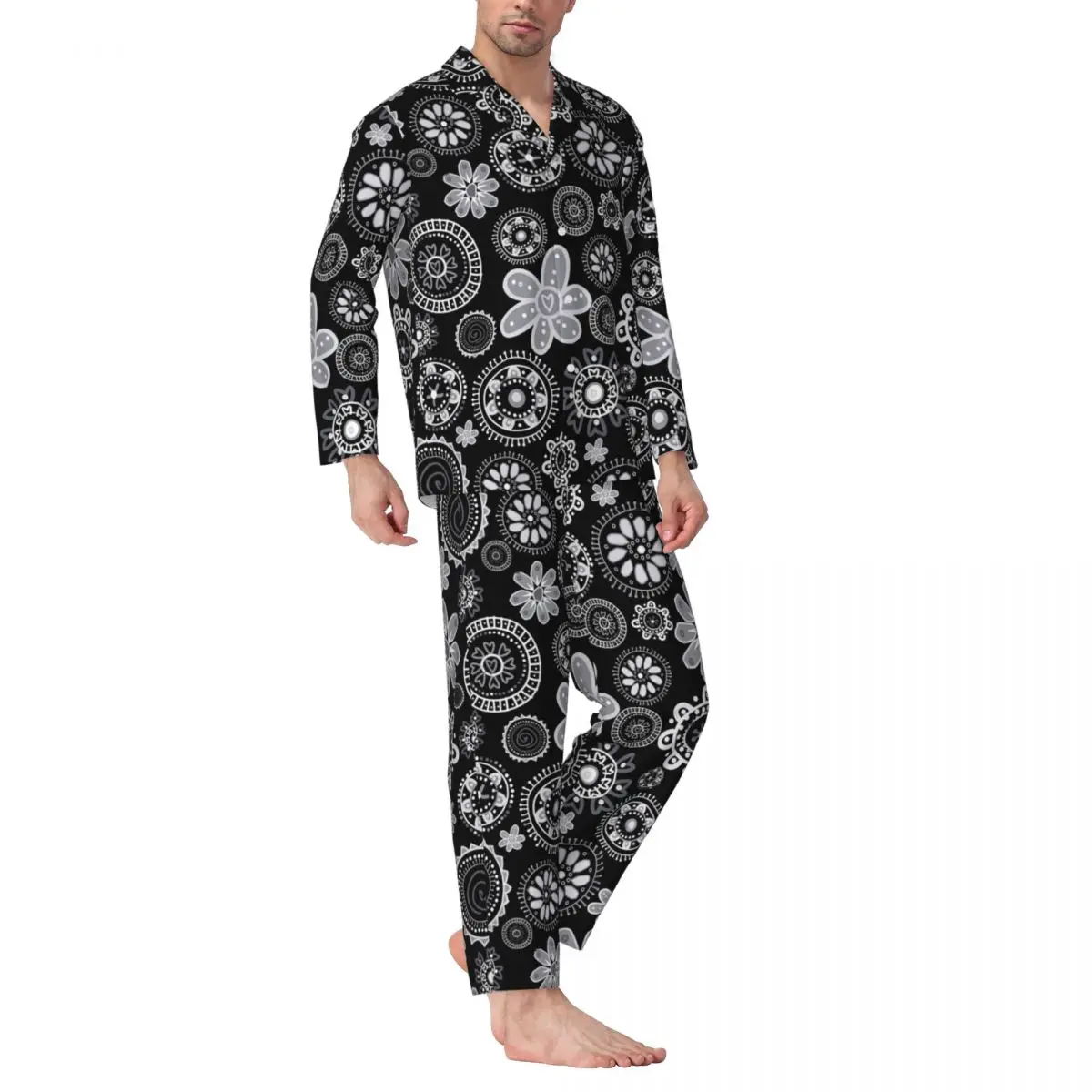 

Abstract Ditsy Floral Sleepwear Autumn Black White Casual Oversized Pajama Sets Men Long-Sleeve Trendy Sleep Custom Nightwear