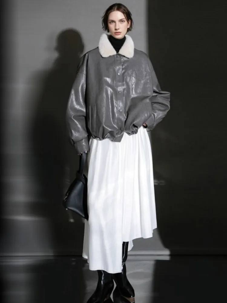 Women High Quality Mink Fur Lapel Collar Real Sheepskin Down Jacket Autumn Winter Single Breasted Loose Goose Down Coat Warm