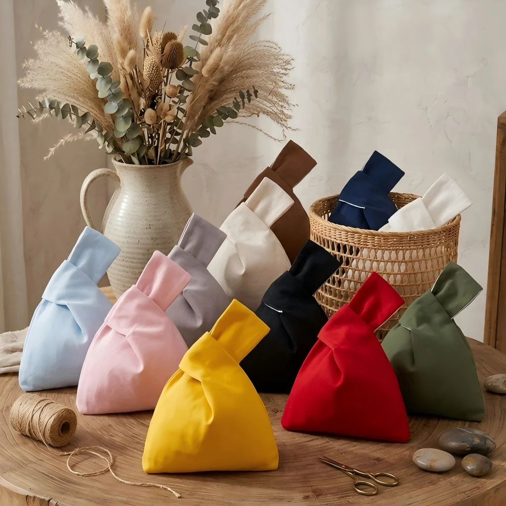 100pcs Custom Logo Cotton Japanese Knot Bag Handmade Wristlet Purse Wedding Favor Pouch Personalised Bridesmaid Gift Bags